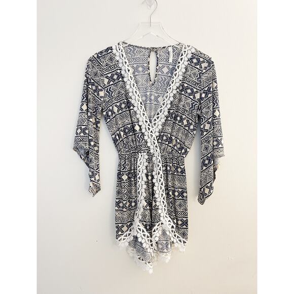 Navy Blue and Tan Tribal Print Lace Romper Size Small - Picture 1 of 7